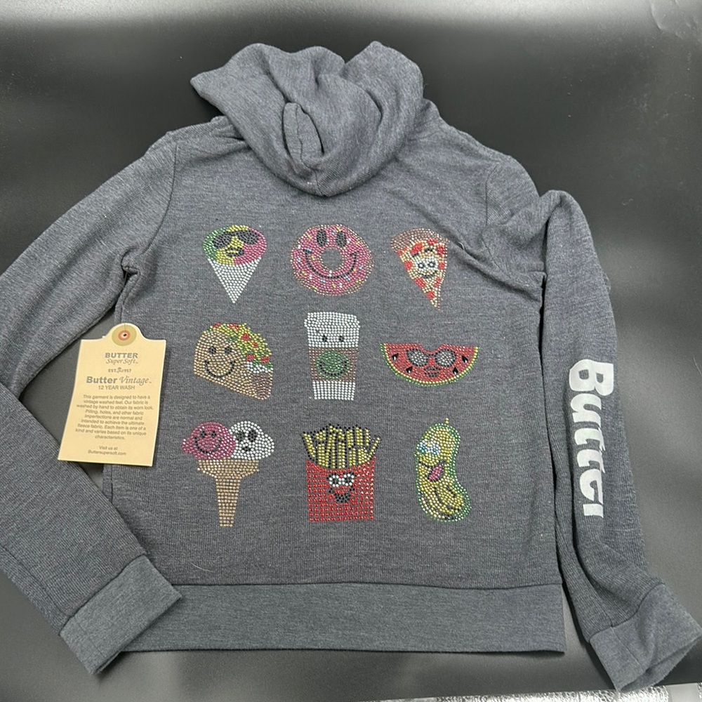 Butter Gray Hoodie with Colorful Food Graphics NWT